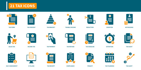 Tax icon set. Containing document, payment, return, invoice, deadline, and calculation icons. Solid icon collection.