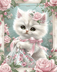 A sophisticated cat in vintage floral gown with ribbon standing elegantly in decorative pastel rose bordered frame