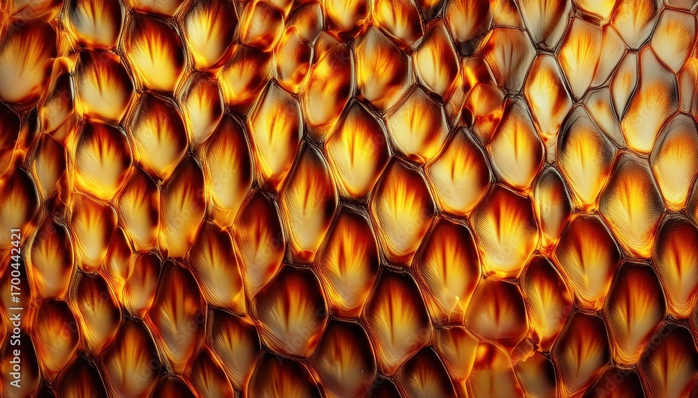 Poster fiery macro closeup of iridescent orange and gold scales with glowing abstract patterns for modern w