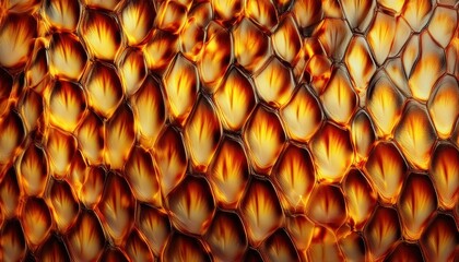 fiery macro closeup of iridescent orange and gold scales with glowing abstract patterns for modern wallpaper or digital banner