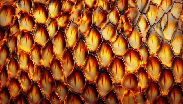 fiery macro closeup of iridescent orange and gold scales with glowing abstract patterns for modern wallpaper or digital banner