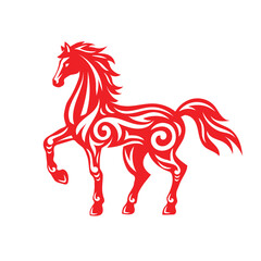 Red tribal style horse illustration with flowing lines and swirls,  Chinese art and zodiac symbolism.