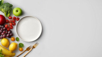 Empty Plate with Fruits and Vegetables for Food and Dining Themes