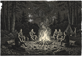 Illustration Of People Gathering Around Campfire In Forest At Night