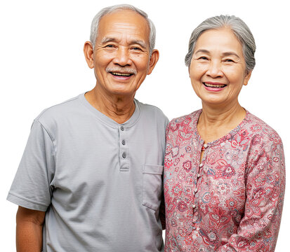 Happy elderly Asian couple standing close Smiling together. International Day of Older Persons