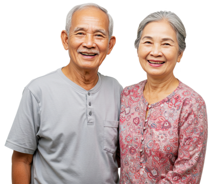 Happy elderly Asian couple standing close Smiling together. International Day of Older Persons