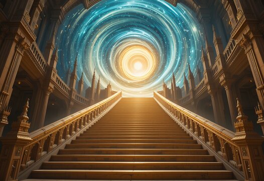 A grand ornate staircase leading to a swirling cosmic portal with radiant light at the center