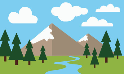 &ldquo;Mountain Landscape with River, Trees, and Clouds &ndash; Nature Vector Illustration&rdquo;
