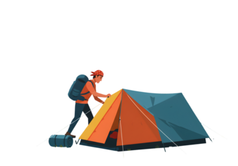 Illustration Of Person Erecting Tent For Camping On Black Background