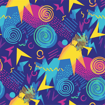 Vibrant geometric pattern featuring retro shapes and bold colors in a dynamic design, seamless pattern, royalty free stock.