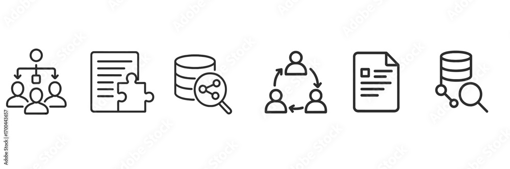Poster set of line icons for business management, data analysis, teamwork, and collaboration concepts for u