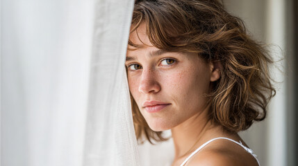 young woman stands in soft diffused light framed by sheer curtains that blur her surroundings embodying