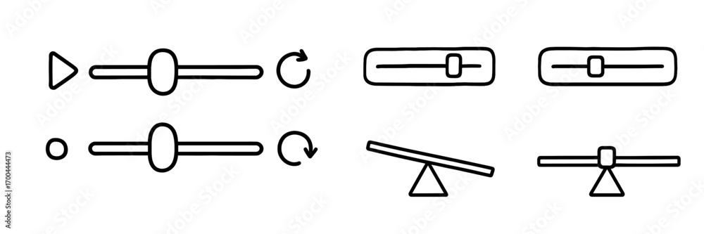 Poster hand-drawn doodle ui icon set with sliders, play buttons, and balance symbols for user interface des