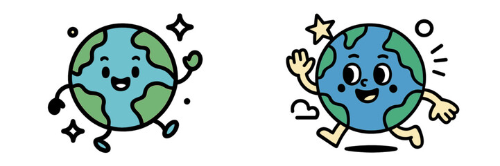 Two happy cartoon Earth planet characters waving and running in a retro mascot style isolated on a white background