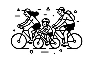 Happy family with parents and a child riding bicycles together in a minimalist black and white line art style for outdoor activity