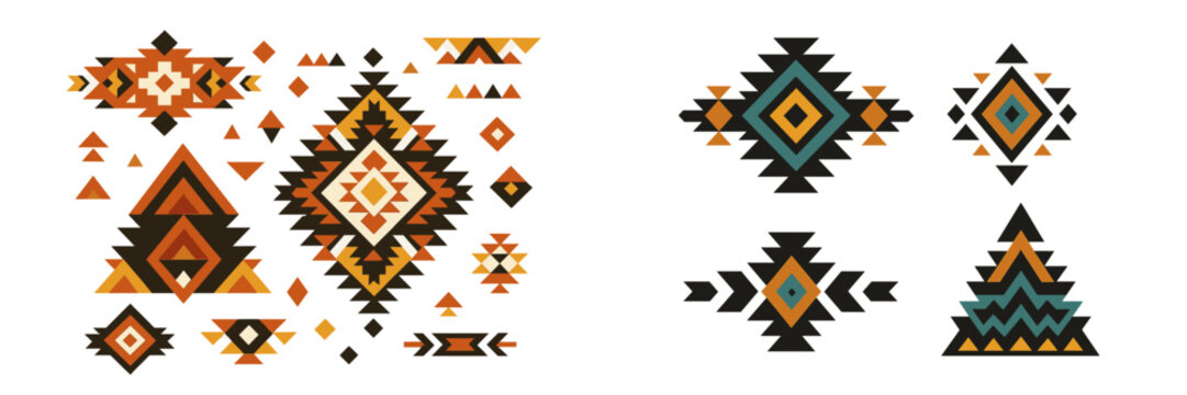 Set of ethnic tribal geometric patterns with Aztec and Navajo motifs for design elements and traditional ornaments isolated on a white background