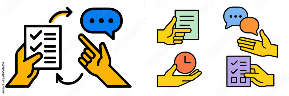 Aufkleber set of colorful business icons for project management, workflow optimization, task completion, and t