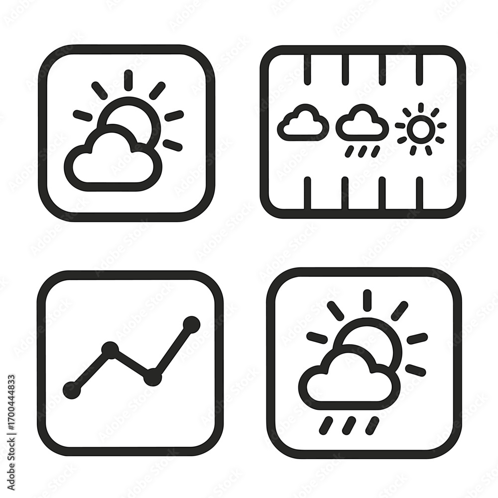 Poster set of weather forecast line icons including sun, clouds, rain, and a data graph for meteorology and
