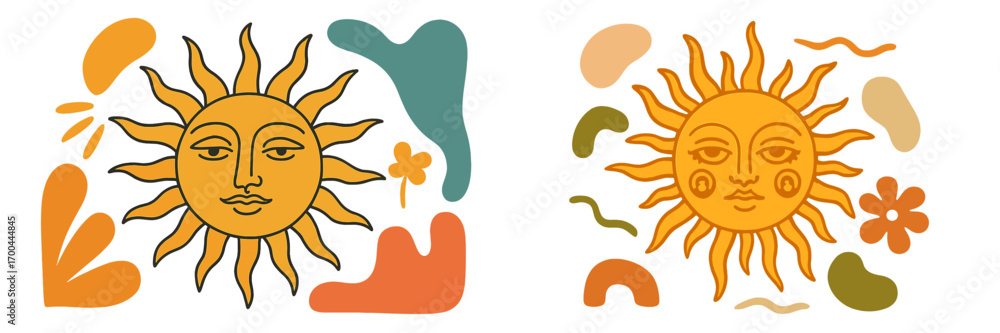 Poster groovy retro sun with a face and abstract shapes collection in a 70s bohemian style isolated on a wh