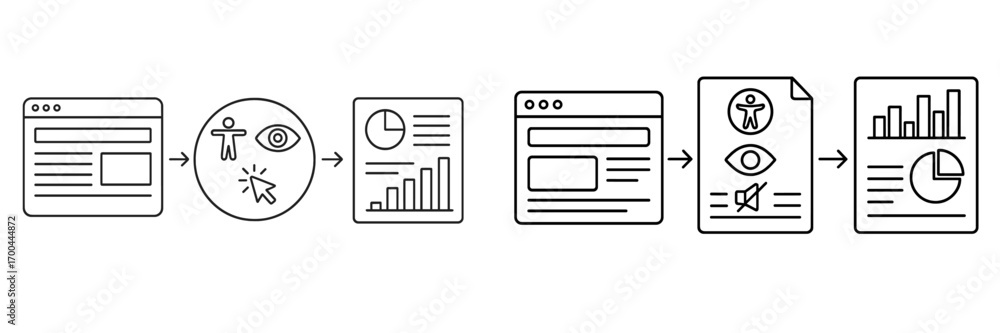 Fototapete website analytics and user behavior tracking icon set showing data flow from website interaction to 