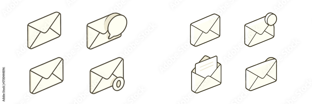 Poster isometric mail icon set for user interface design with notification and message symbols in a clean l