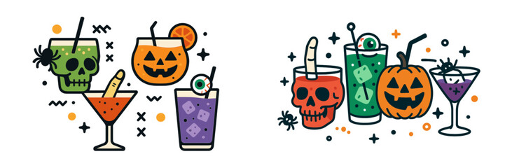 Collection of spooky Halloween party cocktails served in skull and pumpkin glasses with spider and eyeball decorations