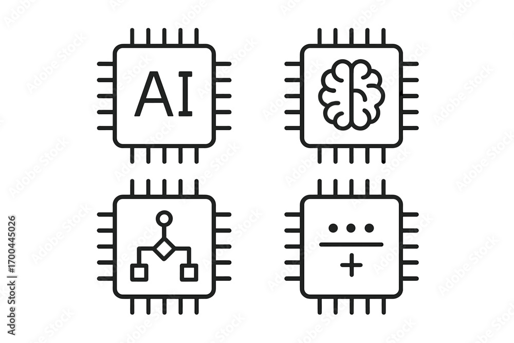 Poster artificial intelligence concept with brain, algorithm, and math symbols on a microchip for technolog