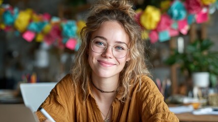 A joyful young woman with glasses sitting at a desk surrounded by vibrant decor and greenery, radiating warmth, happiness, and creativity in her casual work environment.