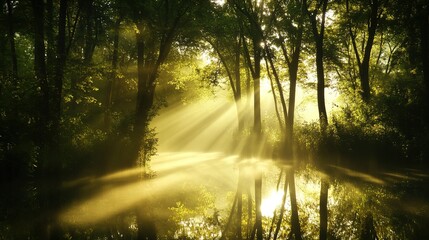 Obraz premium mirror. A serene forest scene reflected perfectly in still water, illuminated by golden sunlight filtering through trees. travel magazines.