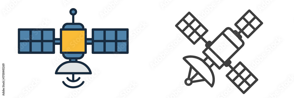 Poster set of satellite icons representing global communication and space technology concepts with color an