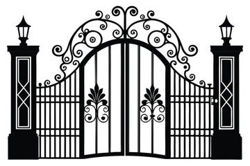 Elaborate Iron Gate Silhouette with Decorative Scrollwork and LanternTopped Pillars in Black Shade