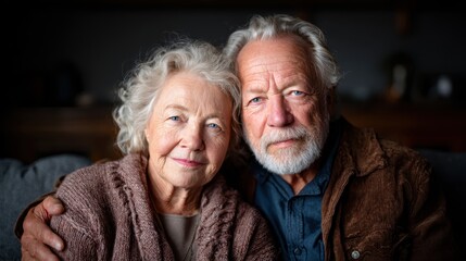 An affectionate elderly couple smiling and embracing, capturing the essence of love, companionship, and lifelong commitment in a warm, inviting atmosphere.