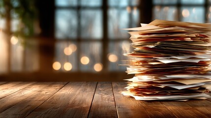 This image features a disorganized stack of paperwork on a rustic wooden table, hinting at busy office life, organization challenges, and the importance of management.