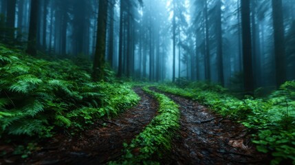 Obraz premium A winding path disappears into a dense and misty forest, surrounded by vibrant green ferns, evoking tranquility and mystery in a magical natural setting.