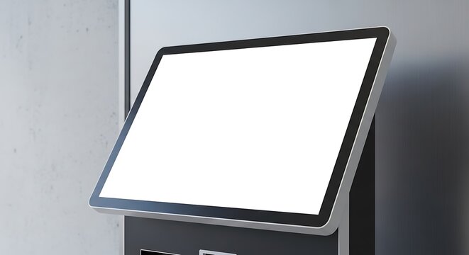 Modern interactive kiosk with blank white screen, angled view, against a textured wall