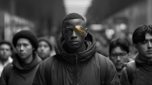 Man in black clothes with eye patch in crowd, black and white