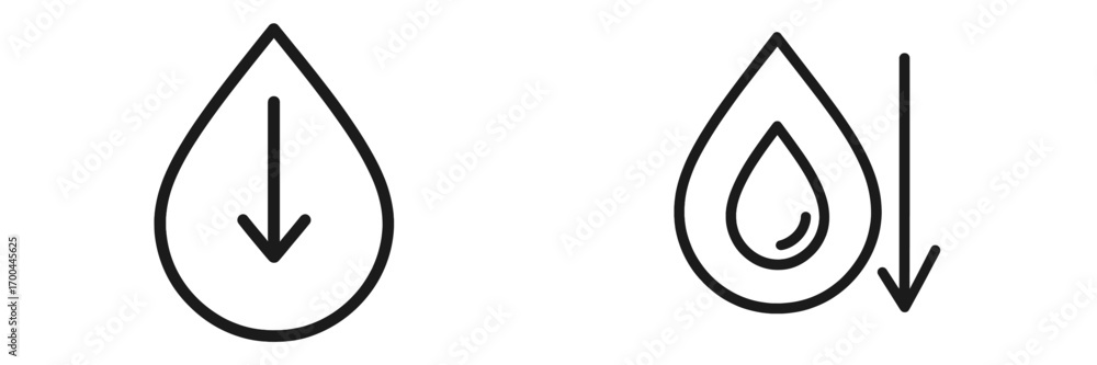 Poster low humidity icon set with water drop and downward arrow symbol for reduction or decrease in liquid 