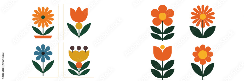 Poster set of minimalist folk art flowers with geometric shapes and simple stems in a retro scandinavian st