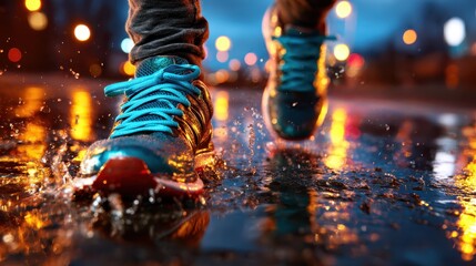 A person splashes through puddles while running on a rain-soaked street illuminated by vibrant city lights, capturing the thrill and excitement of urban life.