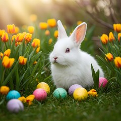Fototapeta premium Adorable white bunny in a spring garden, surrounded by vibrant flowers, hidden Easter eggs, and warm sunlight, creating a cheerful festive scene.