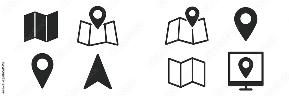 Poster a collection of black glyph and line icons for map navigation, featuring location pins, pointers, an