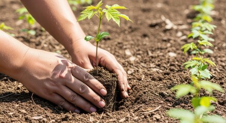 Medium shot of hands planting nut tree saplings in rich soil showcasing sustainable organic farming methods without synthetic chemicals.