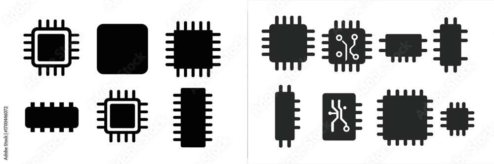 Poster collection of computer chip icons and microchip silhouettes for technology, electronics, and circuit