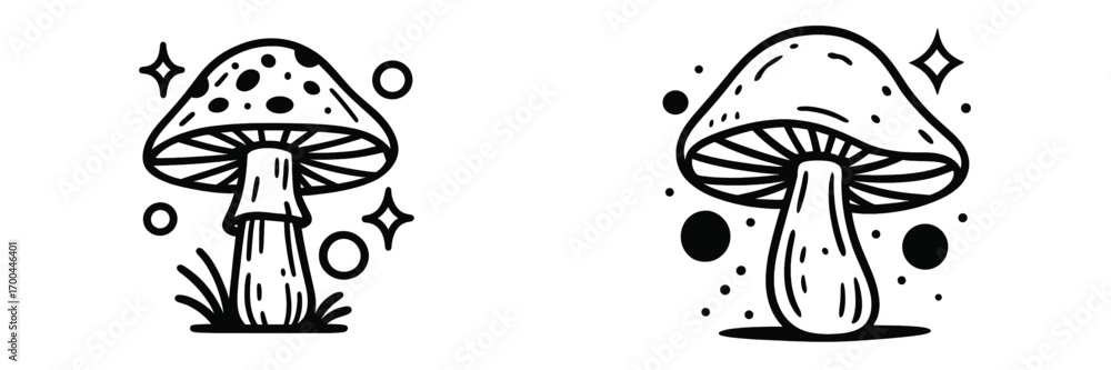 Poster set of two magical mushroom icons in a simple black and white doodle style with sparkles and dots is