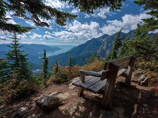 Fototapeta premium Mountain view hiking trail with bench scenic overlook landscape photography
