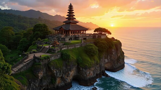 Stunning Bali sunrise aerial view of Pura Luhur Uluwatu temple at dawn a serene tropical island paradise for travel adventure seekers