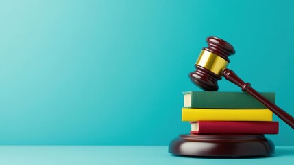 A gavel rests on colored law books against a blue background, symbolizing justice, law, and legal proceedings in a minimalistic style.