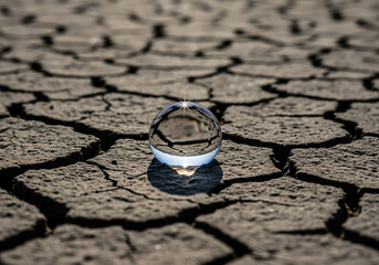 Crystal ball sits on dry cracked earth, reflecting a world in need of water.