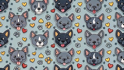 Seamless pattern illustration featuring grey dog faces, hearts, and paw prints in doodle style, arranged playfully against a soft grey background