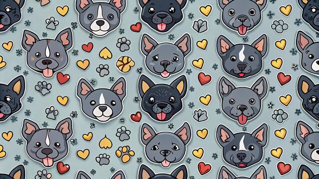 Seamless pattern illustration featuring grey dog faces, hearts, and paw prints in doodle style, arranged playfully against a soft grey background - Powered by Adobe